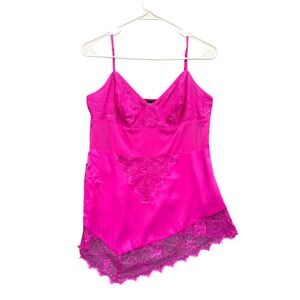 bebe Silk Cami Womens M Pink Lace Insert Asymmetrical Radiant Orchid Camisole